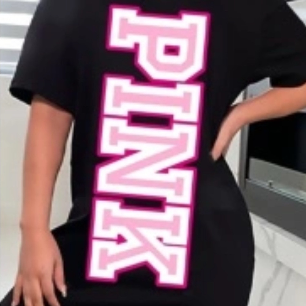 Black T-Shirt Dress with Pink Logo